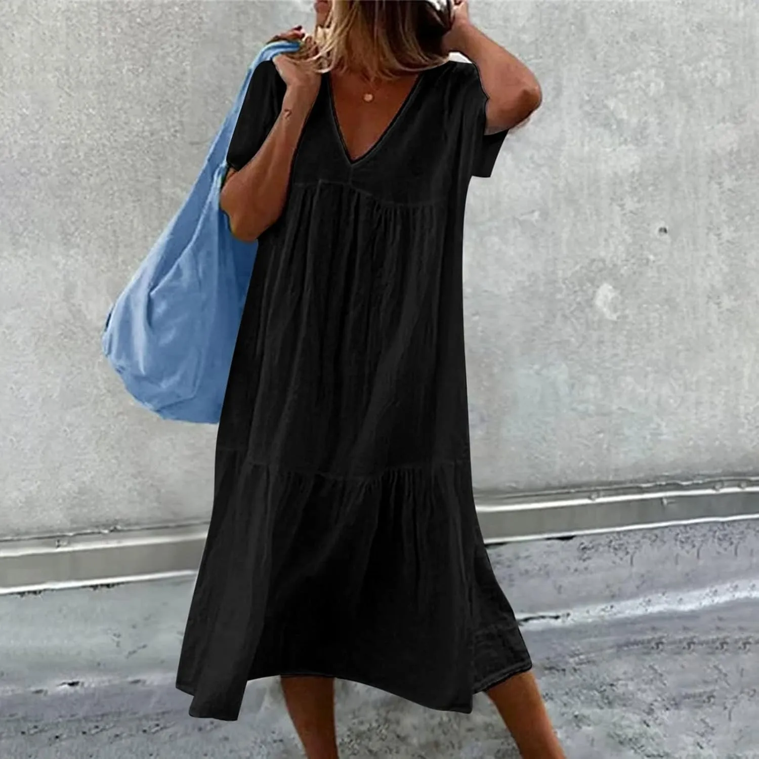Women's Casual Dresses Vintage Petite Short Sleeve Deep V Neck Tiered Midi Linen Dress Evening Party Spring Hawaii Outfits