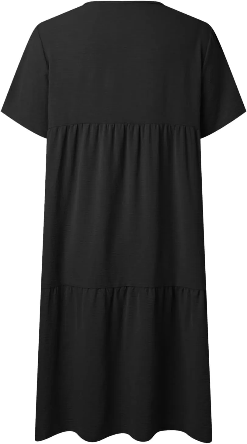 Women's Casual Dresses Vintage Petite Short Sleeve Deep V Neck Tiered Midi Linen Dress Evening Party Spring Hawaii Outfits