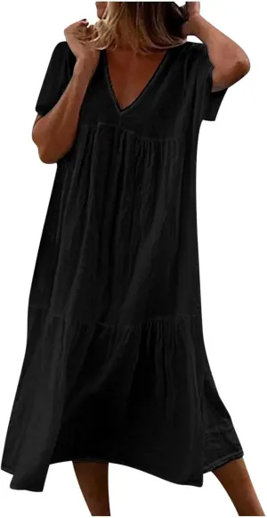 Women's Casual Dresses Vintage Petite Short Sleeve Deep V Neck Tiered Midi Linen Dress Evening Party Spring Hawaii Outfits