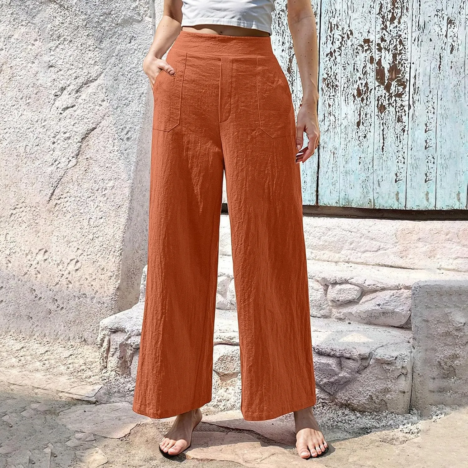 Womens Casual High Waisted Linen Pants Palazzo Lounge Beach Pants Travel Vacation Wide Leg Trousers with Pockets