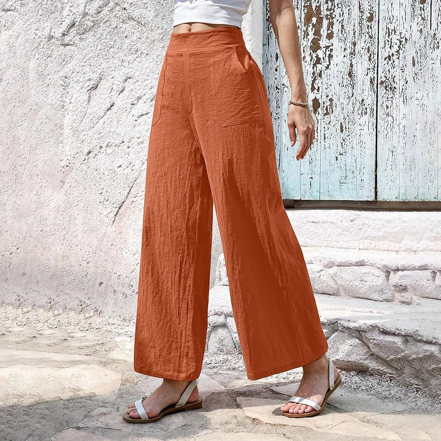 Womens Casual High Waisted Linen Pants Palazzo Lounge Beach Pants Travel Vacation Wide Leg Trousers with Pockets