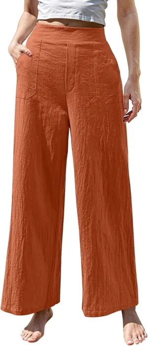 Womens Casual High Waisted Linen Pants Palazzo Lounge Beach Pants Travel Vacation Wide Leg Trousers with Pockets