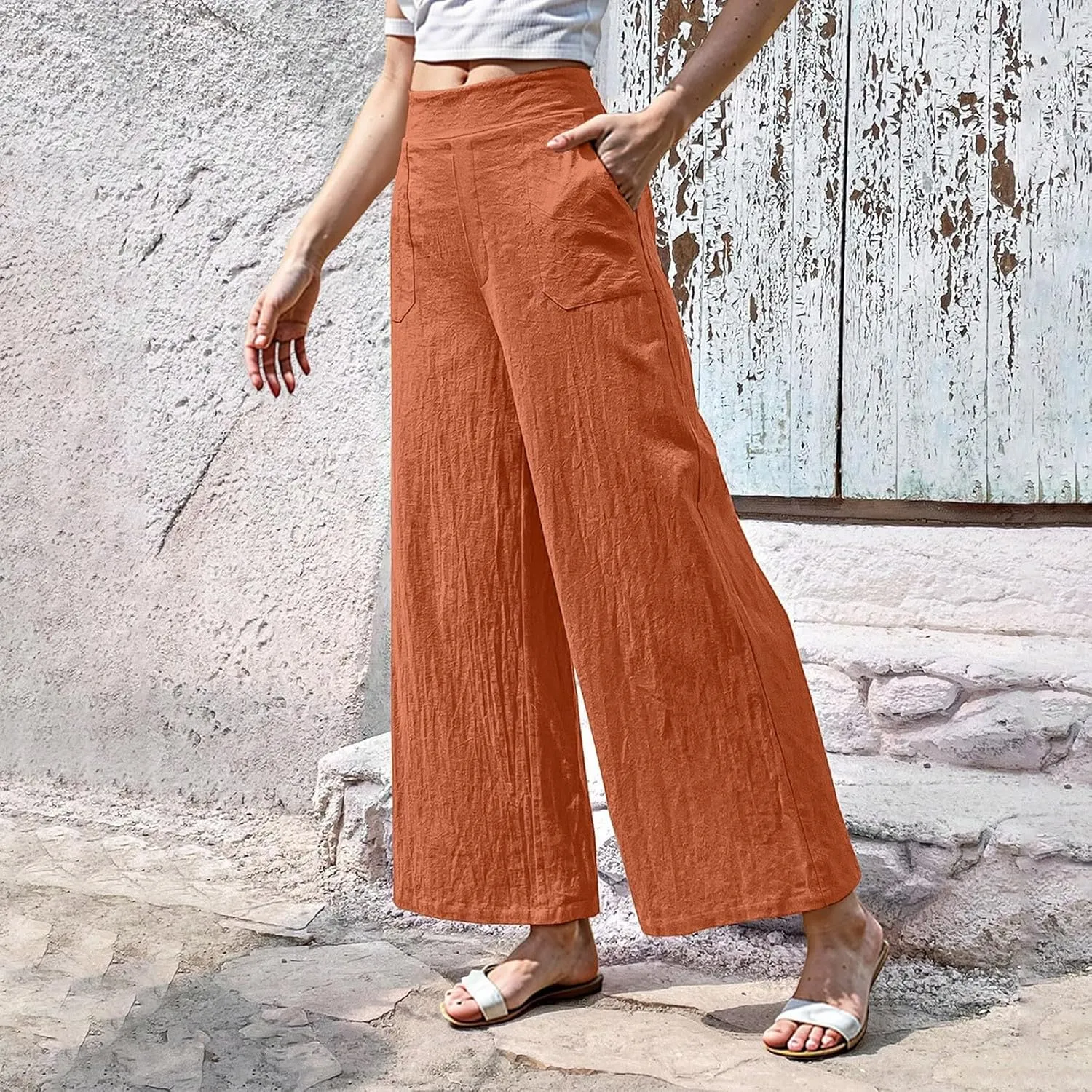 Womens Casual High Waisted Linen Pants Palazzo Lounge Beach Pants Travel Vacation Wide Leg Trousers with Pockets