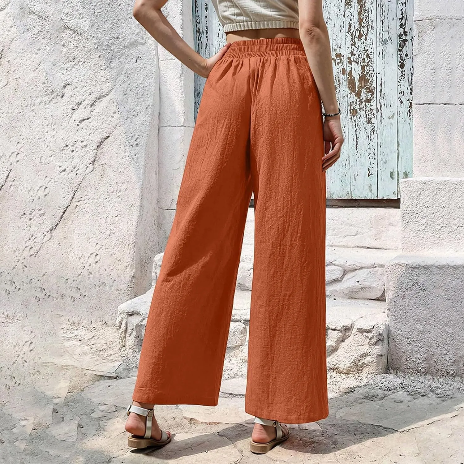 Womens Casual High Waisted Linen Pants Palazzo Lounge Beach Pants Travel Vacation Wide Leg Trousers with Pockets
