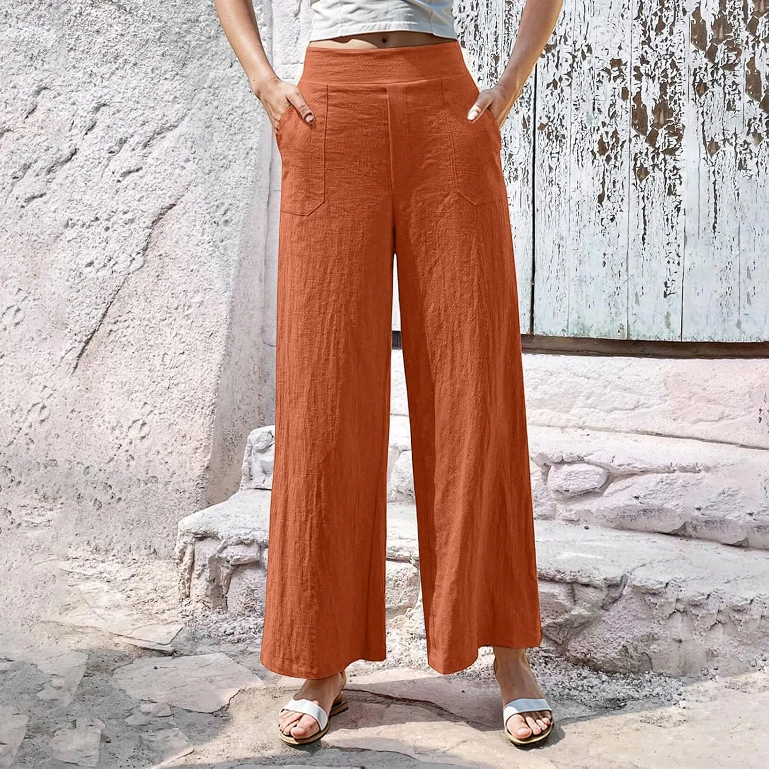 Womens Casual High Waisted Linen Pants Palazzo Lounge Beach Pants Travel Vacation Wide Leg Trousers with Pockets