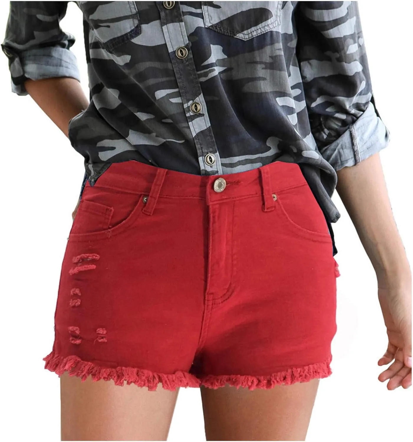 Women's Casual High Waisted Washed Frayed Raw Hem Pockets Denim Shorts Stretchy Ripped Jean Shorts Sexy Hot Shorts