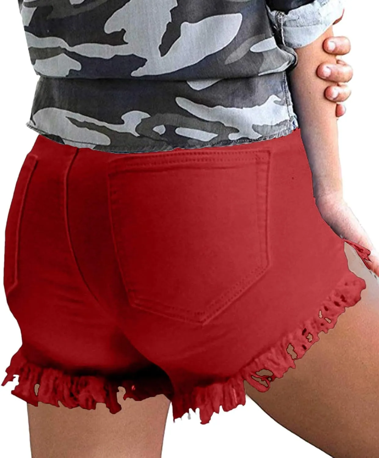 Women's Casual High Waisted Washed Frayed Raw Hem Pockets Denim Shorts Stretchy Ripped Jean Shorts Sexy Hot Shorts