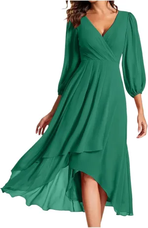 Women's Chiffon Dresses for Women Comfy Plus Size 3/4 Sleeve V Neck Ruffle Swing Midi Dress Petite Girls Night Out Outfits
