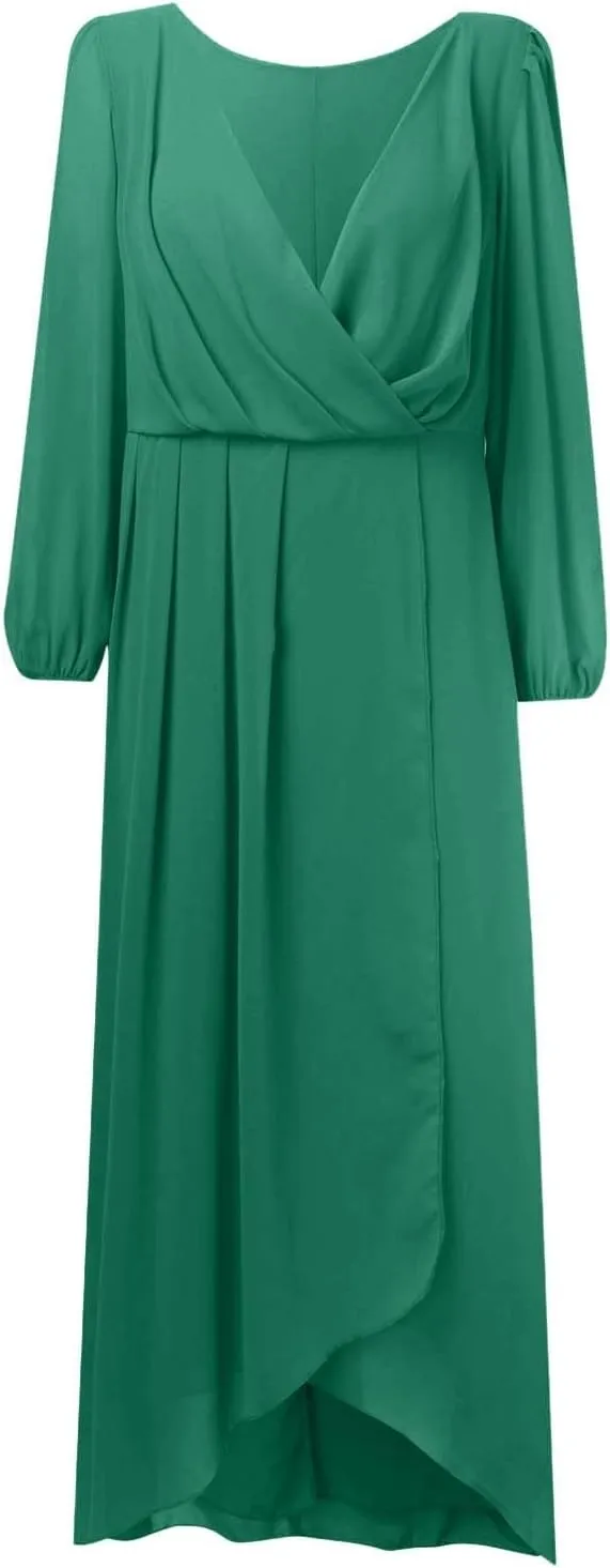 Women's Chiffon Dresses for Women Comfy Plus Size 3/4 Sleeve V Neck Ruffle Swing Midi Dress Petite Girls Night Out Outfits
