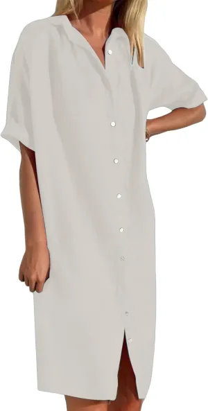 Womens Cotton Linen Shirt Dresses Button Down Rolled-Up Sleeve Sundress Bathing Suit Cover Ups Vacation Swimwear