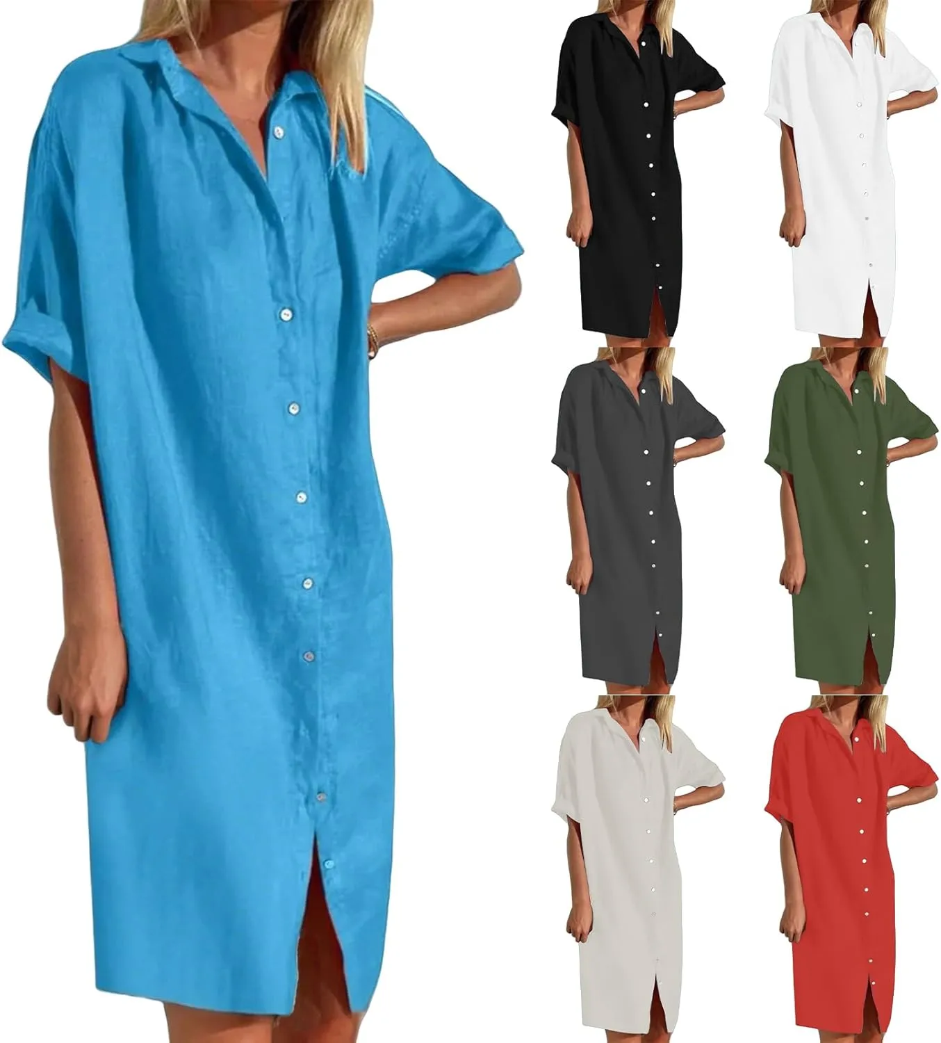 Womens Cotton Linen Shirt Dresses Button Down Rolled-Up Sleeve Sundress Bathing Suit Cover Ups Vacation Swimwear