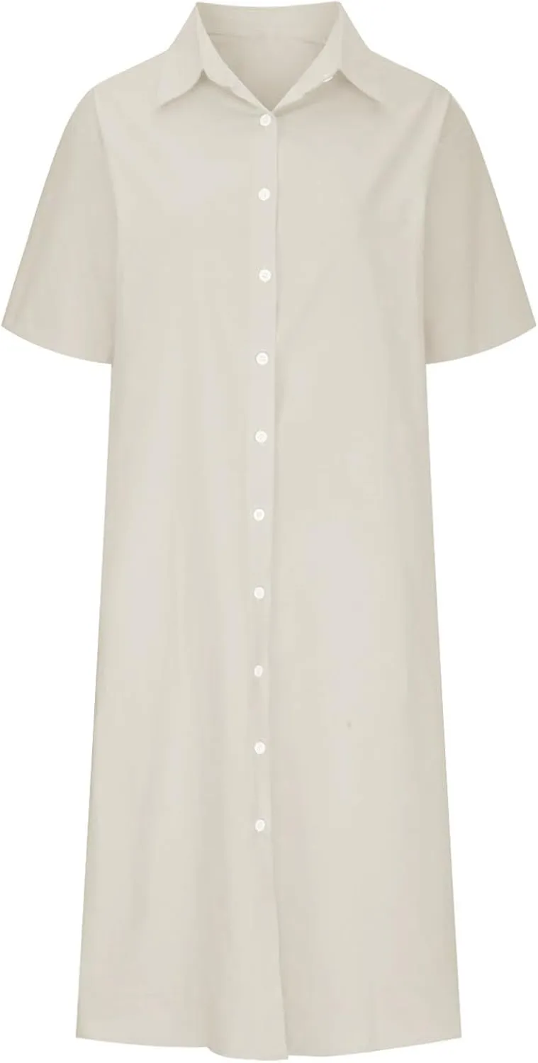 Womens Cotton Linen Shirt Dresses Button Down Rolled-Up Sleeve Sundress Bathing Suit Cover Ups Vacation Swimwear