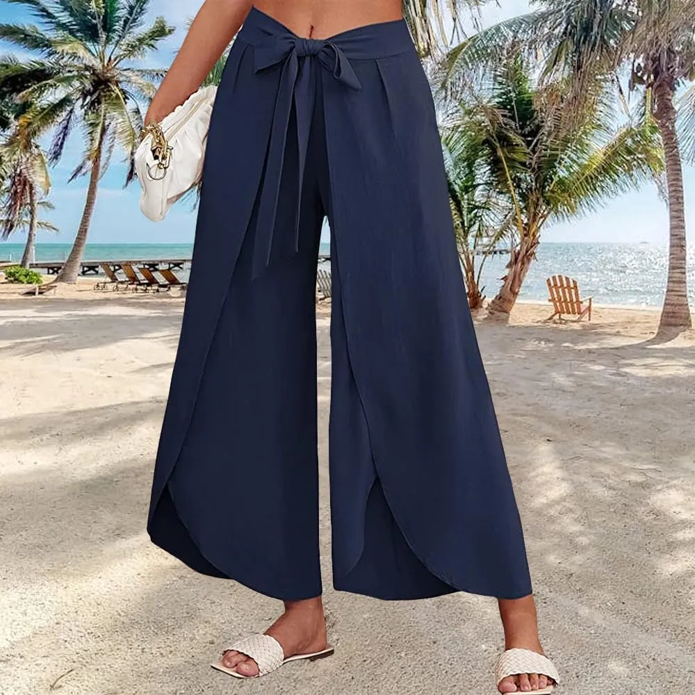 Womens Cotton Linen Wide Leg Pants Pants High Waist Flowy Boho Oversized Pants Casual Summer Comfy Baggy Trousers