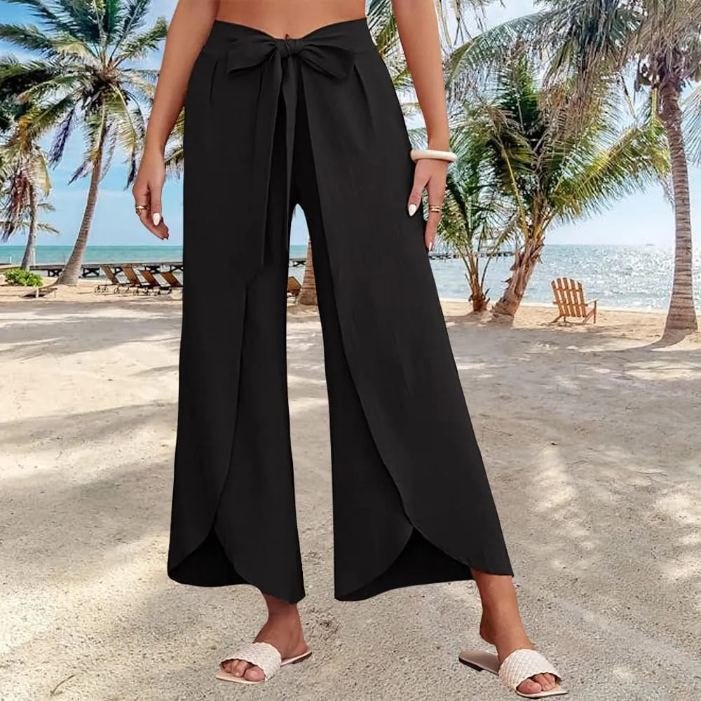 Womens Cotton Linen Wide Leg Pants Pants High Waist Flowy Boho Oversized Pants Casual Summer Comfy Baggy Trousers