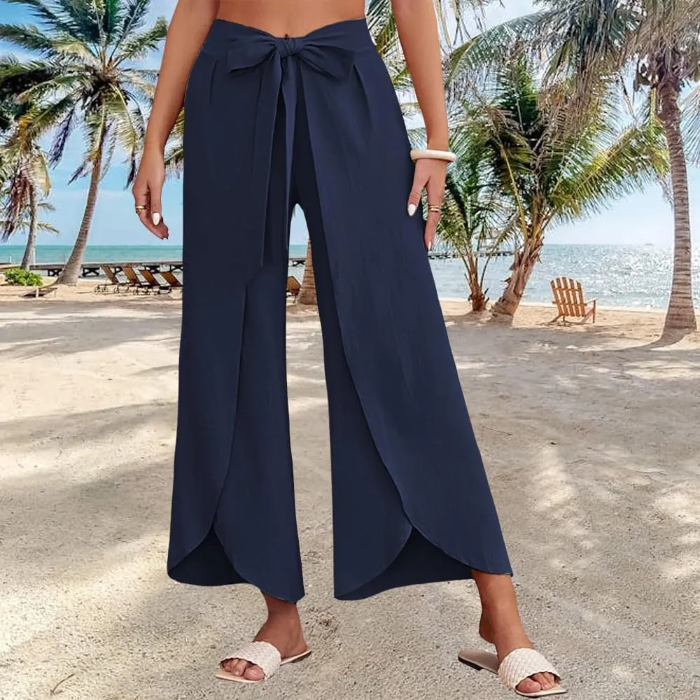Womens Cotton Linen Wide Leg Pants Pants High Waist Flowy Boho Oversized Pants Casual Summer Comfy Baggy Trousers