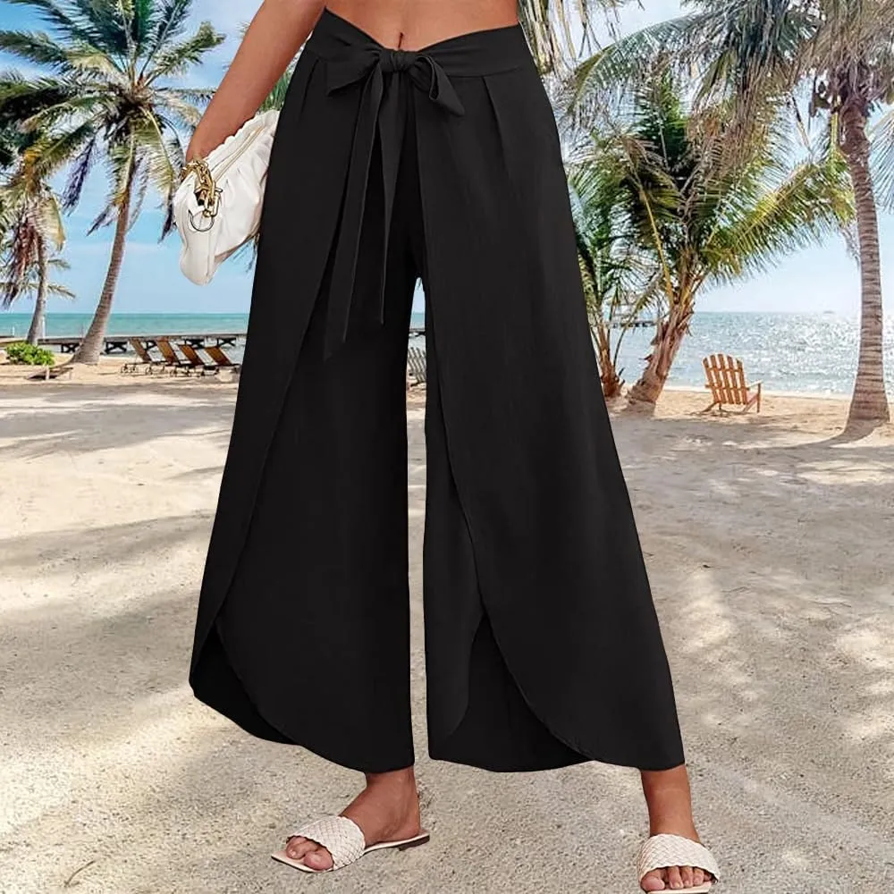 Womens Cotton Linen Wide Leg Pants Pants High Waist Flowy Boho Oversized Pants Casual Summer Comfy Baggy Trousers