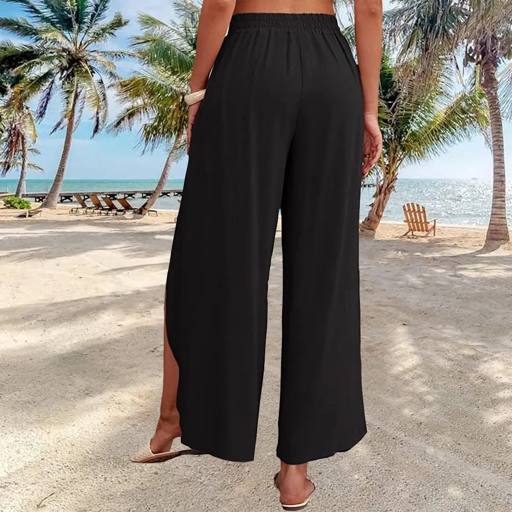 Womens Cotton Linen Wide Leg Pants Pants High Waist Flowy Boho Oversized Pants Casual Summer Comfy Baggy Trousers