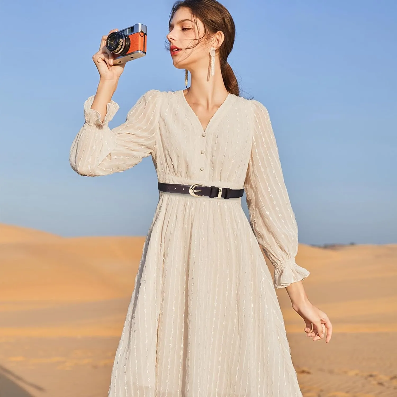 Women's Cow Leather Belt for Jeans Pants Fashion Ladies Skinny Dress Waist belt with Gold Buckle