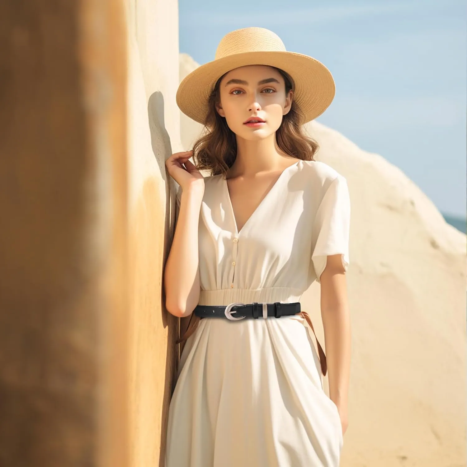Women's Cow Leather Belt for Jeans Pants Fashion Ladies Skinny Dress Waist belt with Gold Buckle