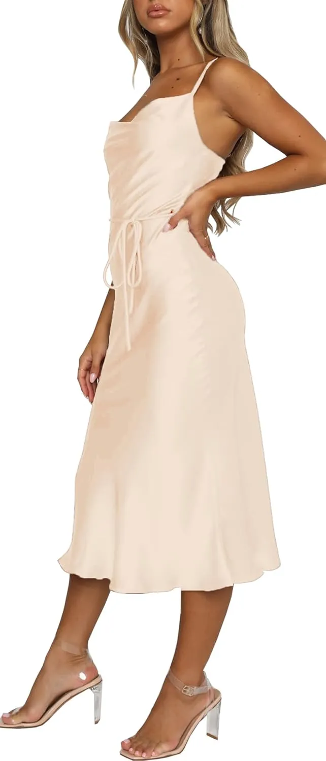 Women's Cowl Neck Spaghetti Strap Satin Slip Wedding Guest Formal Midi Evening Dress