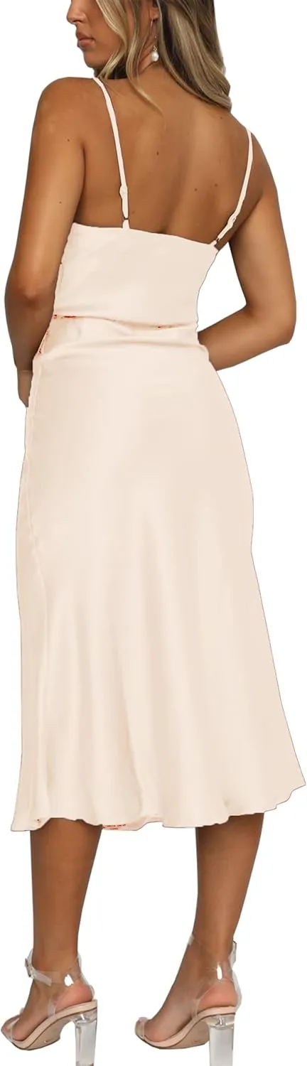 Women's Cowl Neck Spaghetti Strap Satin Slip Wedding Guest Formal Midi Evening Dress