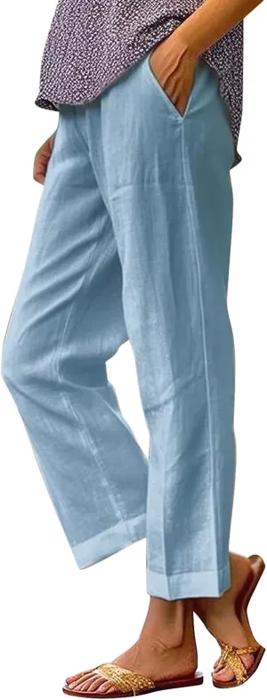 Womens Cropped Linen Pants Summer Elastic Waist Straight Leg Oversized Crop Pants Casual Trousers with Pockets