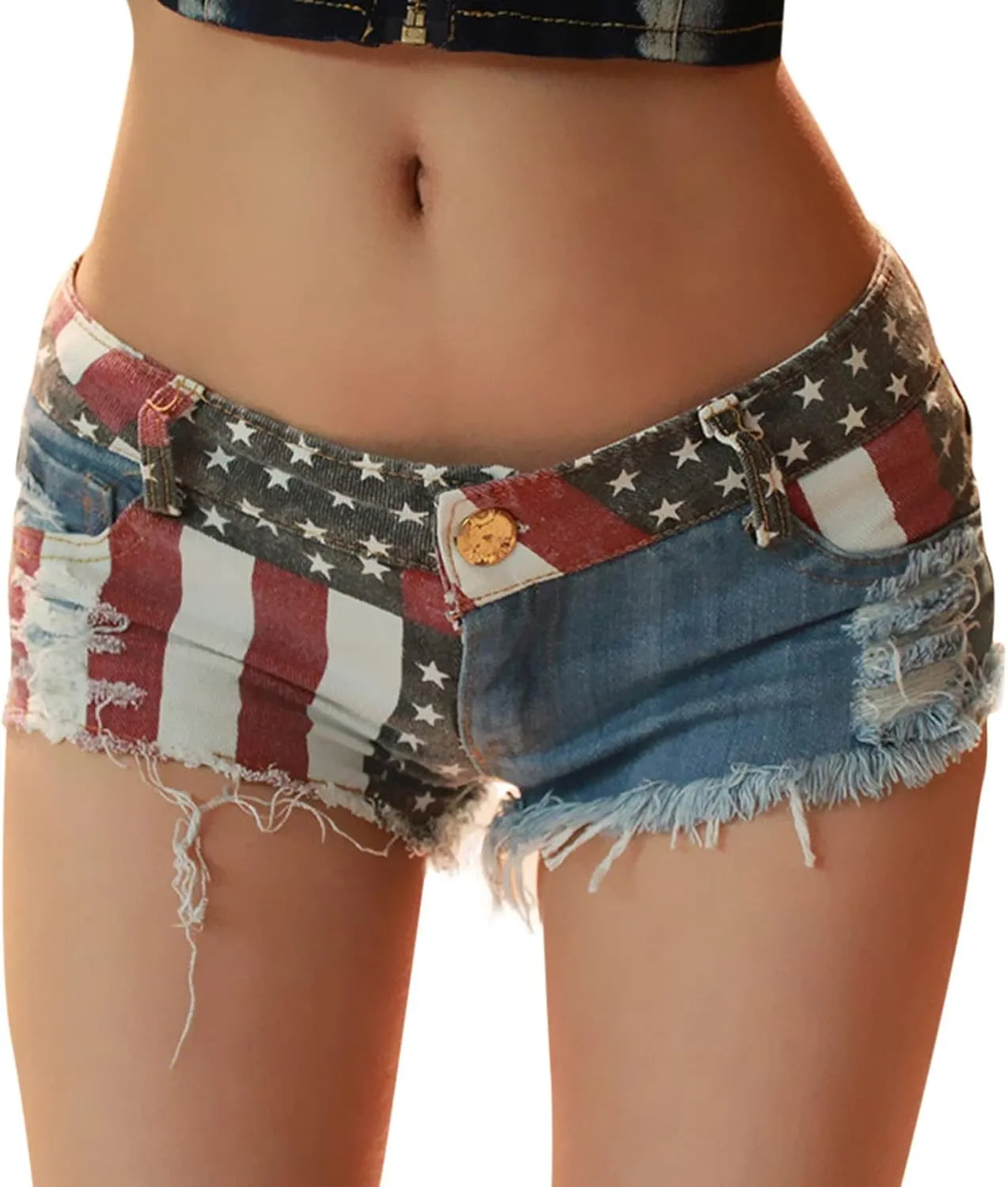 Women's Cut Off Denim Jean Shorts Ripped Distressed American Flag Shorts Women Stretchy Casual Summer Shorts