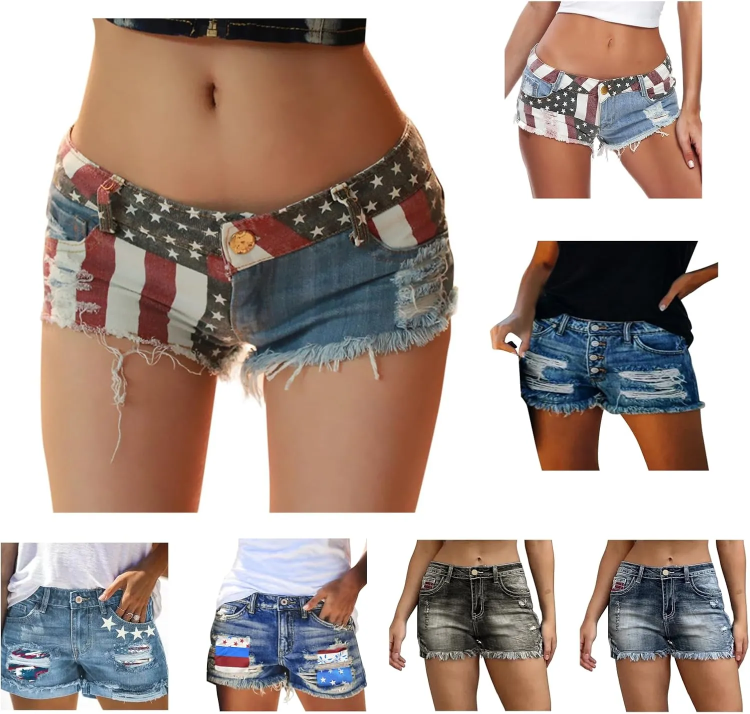 Women's Cut Off Denim Jean Shorts Ripped Distressed American Flag Shorts Women Stretchy Casual Summer Shorts