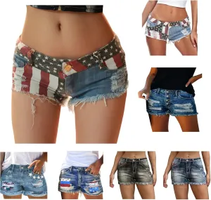 Women's Cut Off Denim Jean Shorts Ripped Distressed American Flag Shorts Women Stretchy Casual Summer Shorts
