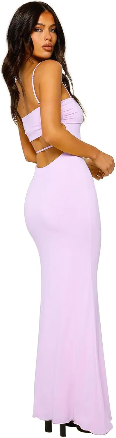 Women's Cutout Backless Maxi Dress Sexy Sleeveless Tight Slip Spaghetti Strap Long Dresses
