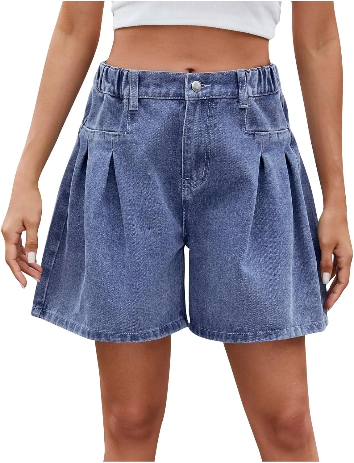 Womens Denim Shorts Summer Baggy High Waisted Flowy Wide Leg Pleated Jean Shorts Fashion Denim Skort with Pockets