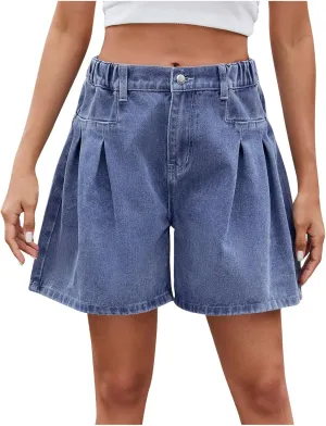 Womens Denim Shorts Summer Baggy High Waisted Flowy Wide Leg Pleated Jean Shorts Fashion Denim Skort with Pockets