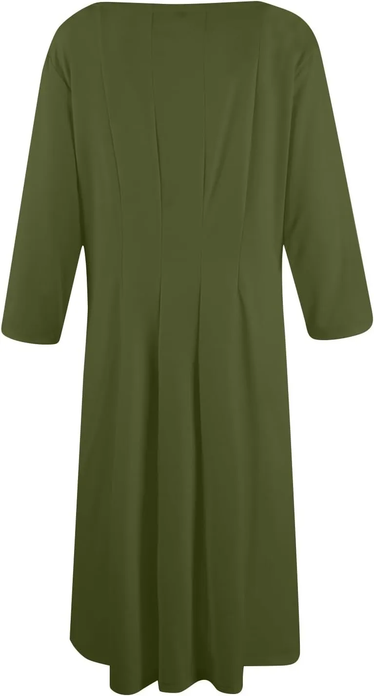 Womens Dress 3/4 Sleeve Spring A Line Dress Solid Plain High Waist Midi Dresses Summer Round Neck Dresses with Pocket