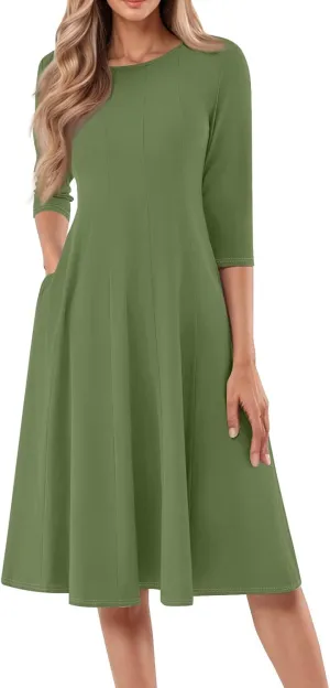 Womens Dress 3/4 Sleeve Spring A Line Dress Solid Plain High Waist Midi Dresses Summer Round Neck Dresses with Pocket
