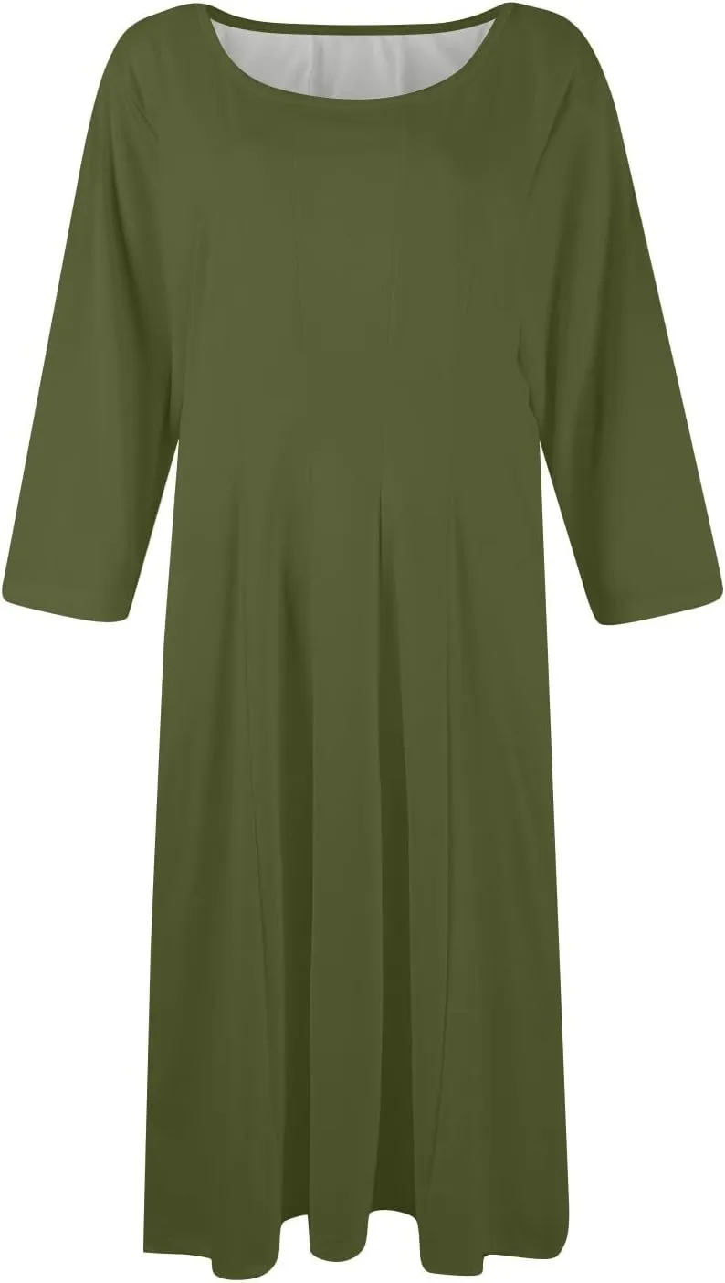 Womens Dress 3/4 Sleeve Spring A Line Dress Solid Plain High Waist Midi Dresses Summer Round Neck Dresses with Pocket