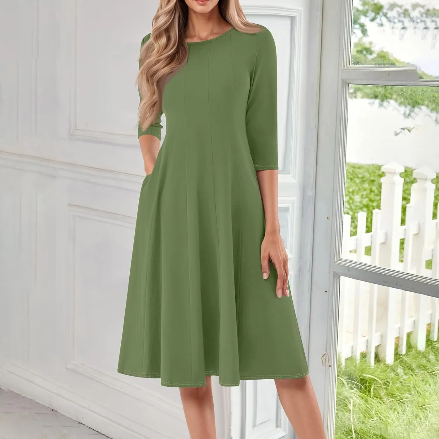 Womens Dress 3/4 Sleeve Spring A Line Dress Solid Plain High Waist Midi Dresses Summer Round Neck Dresses with Pocket