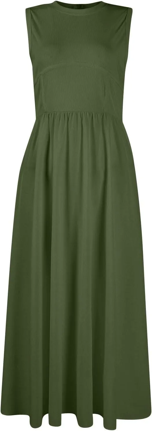 Womens Dress Summer Tank Dress Cute Sundresses High Waist Sleeveless Empire Waist Dresses A Line Dresses with Pocket