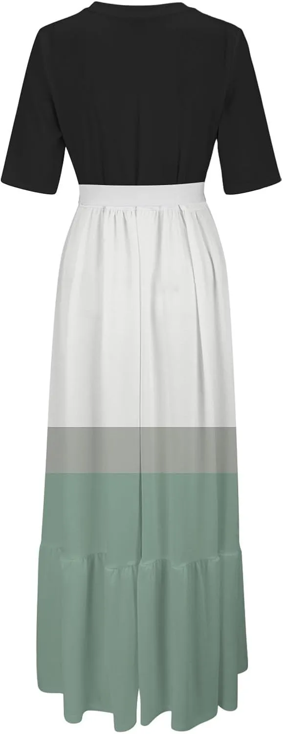 Women's Dresses Casual Summer Tiered Midi Dress Short Sleeve Belted Ruffle Babydoll Boho Sundress with Pockets