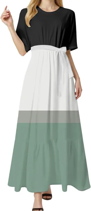 Women's Dresses Casual Summer Tiered Midi Dress Short Sleeve Belted Ruffle Babydoll Boho Sundress with Pockets