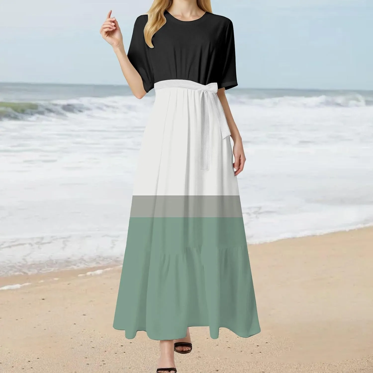 Women's Dresses Casual Summer Tiered Midi Dress Short Sleeve Belted Ruffle Babydoll Boho Sundress with Pockets