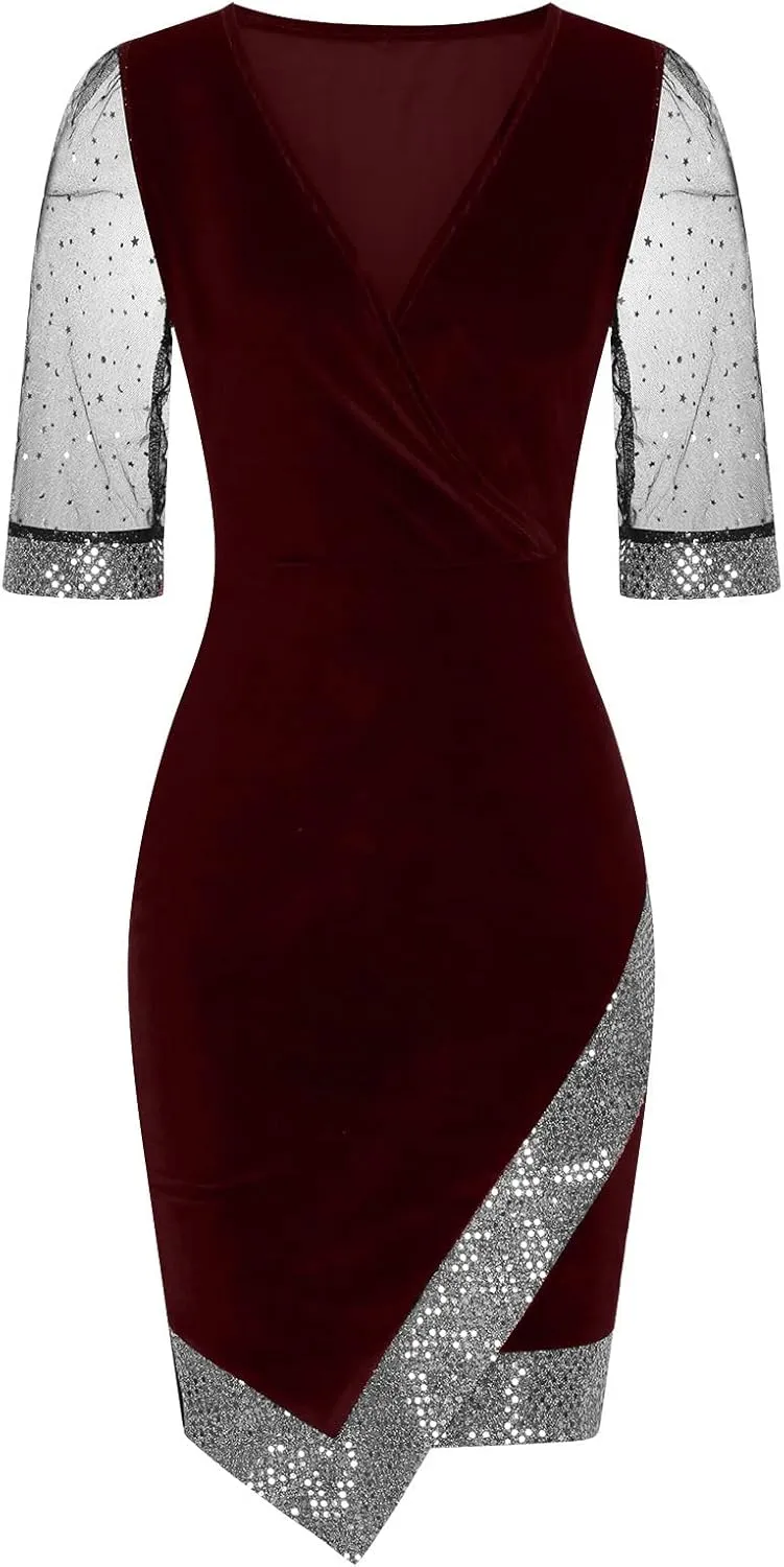 Women's Fashion V Neck Dress Sequin Mesh Half Sleeve Dress Wedding Guest Dress Stylish Elegant Evening Dresses