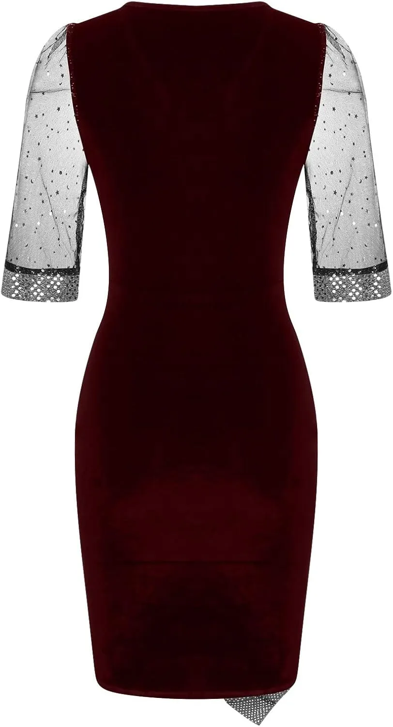Women's Fashion V Neck Dress Sequin Mesh Half Sleeve Dress Wedding Guest Dress Stylish Elegant Evening Dresses