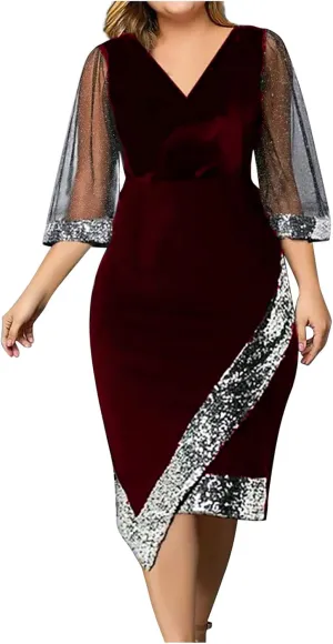 Women's Fashion V Neck Dress Sequin Mesh Half Sleeve Dress Wedding Guest Dress Stylish Elegant Evening Dresses