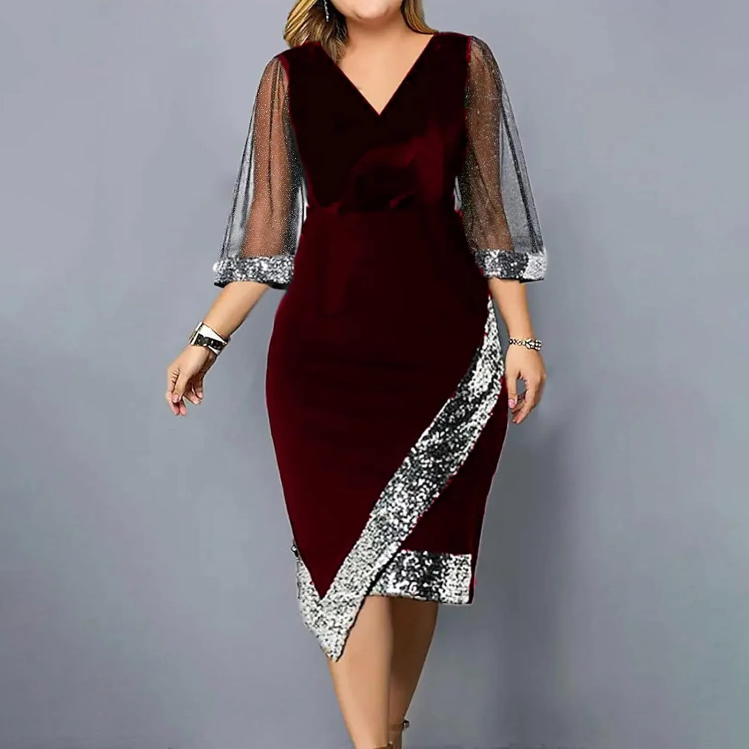 Women's Fashion V Neck Dress Sequin Mesh Half Sleeve Dress Wedding Guest Dress Stylish Elegant Evening Dresses