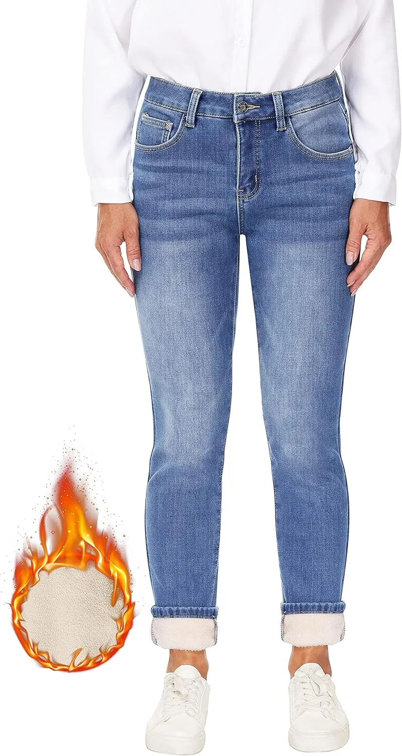 Women's Fleece Lined Jeans Thermal Flannel Lined Jeans Winter Warm Thicken Skinny Stretch Denim Pants