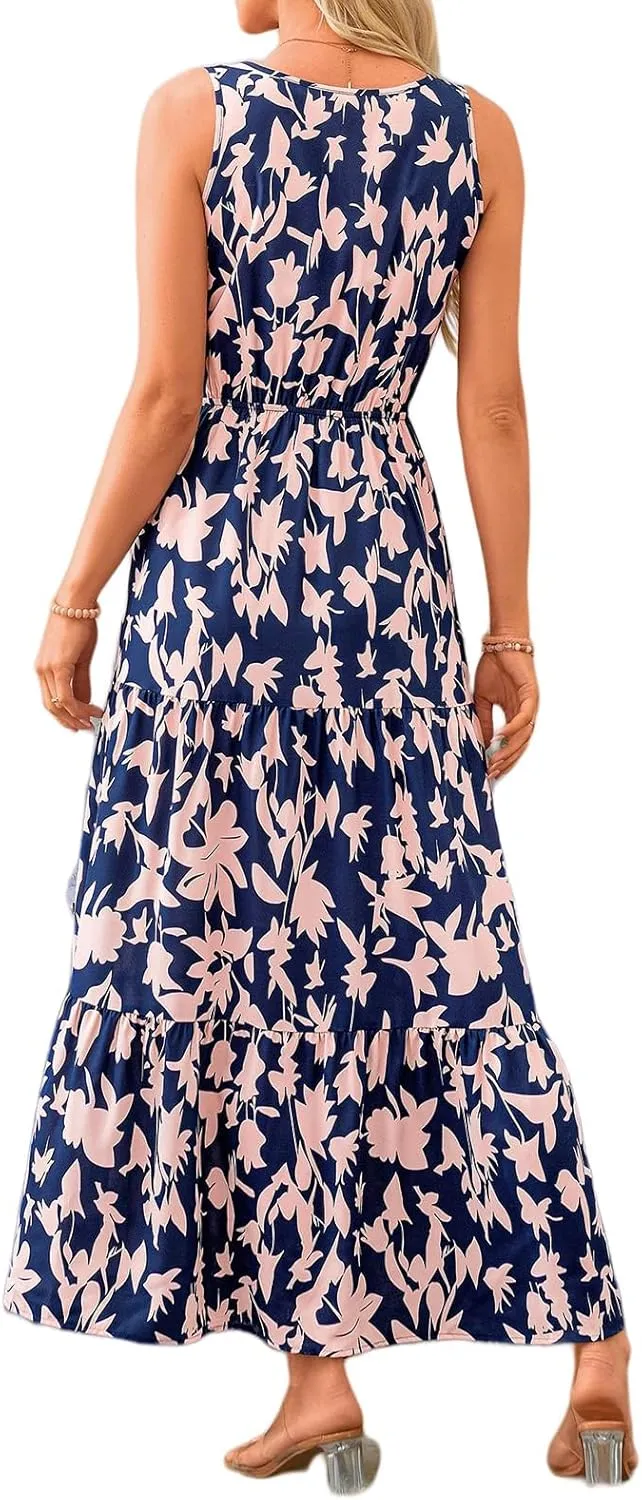 Women's Floral Summer Maxi Dress Casual Sleeveless Drsses V Neck Empire Waist Boho Dress Swing Flowy Sundress