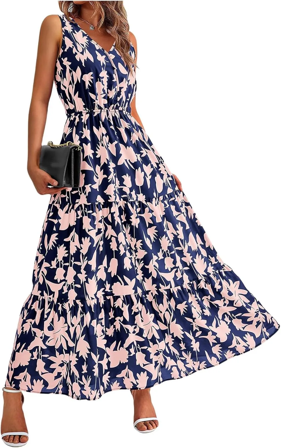 Women's Floral Summer Maxi Dress Casual Sleeveless Drsses V Neck Empire Waist Boho Dress Swing Flowy Sundress