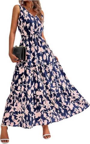Women's Floral Summer Maxi Dress Casual Sleeveless Drsses V Neck Empire Waist Boho Dress Swing Flowy Sundress