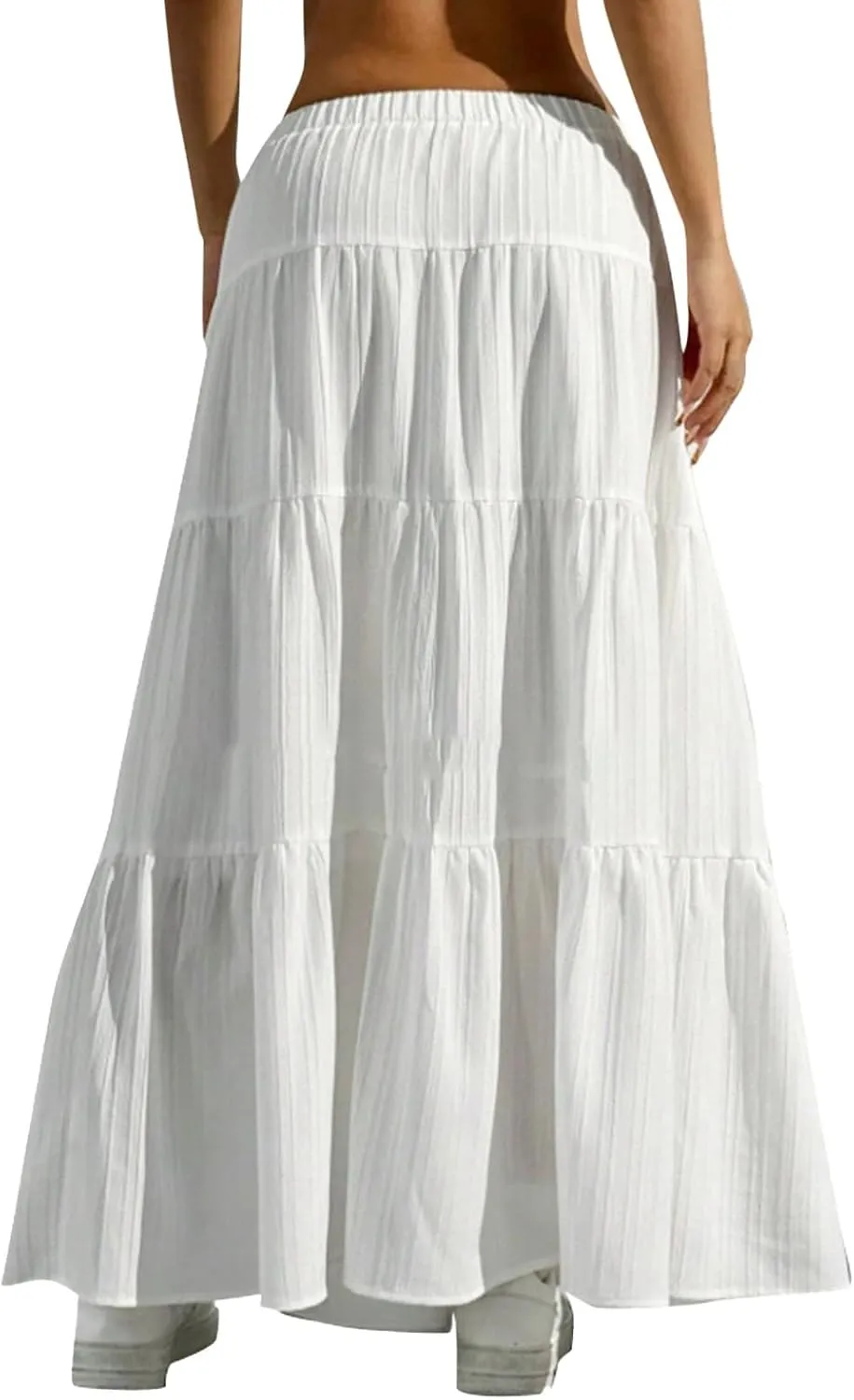 Women's Flowy Maxi Skirt Boho Flared Ruffle Elastic High Waisted Pleated Tiered Summer Long Skirts with Pockets