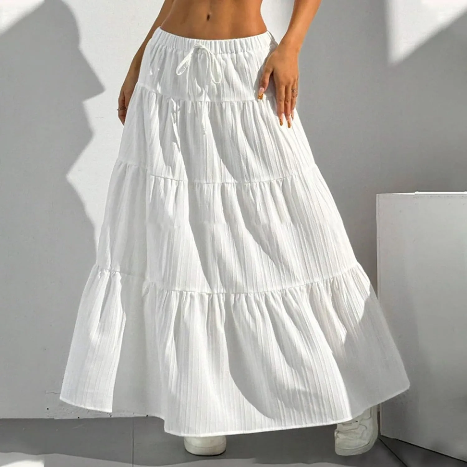Women's Flowy Maxi Skirt Boho Flared Ruffle Elastic High Waisted Pleated Tiered Summer Long Skirts with Pockets